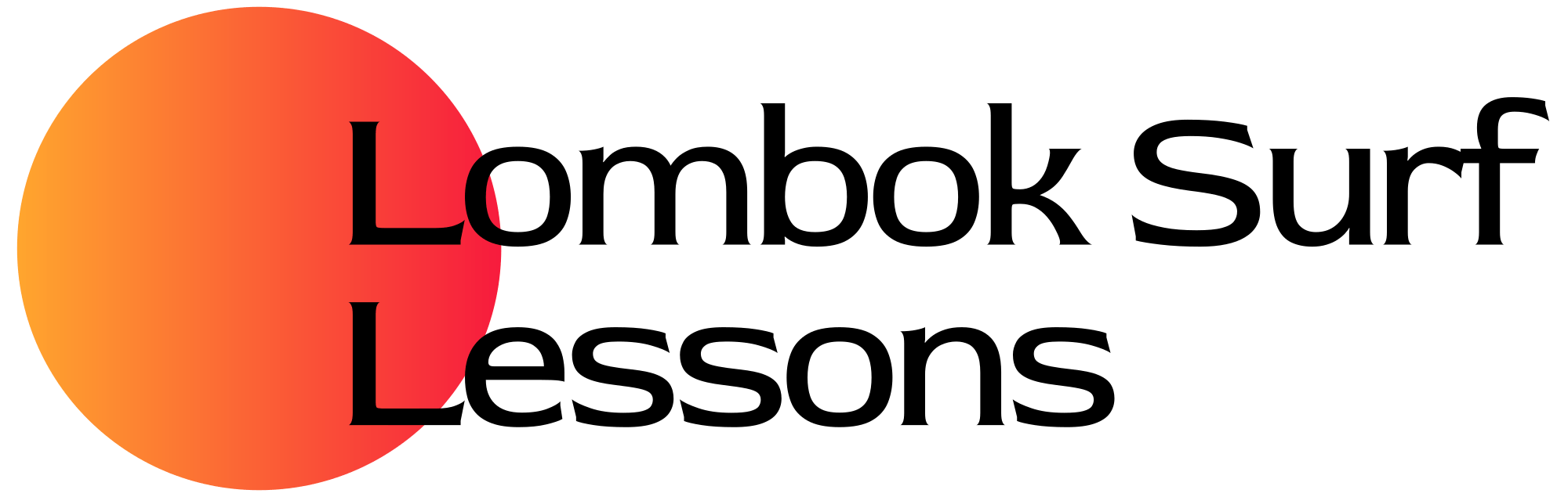 Logo for Lombok Surf Lessons featuring black text next to a large orange-to-red gradient circle on a transparent background.